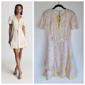 NEW Reiss Carlotta Tie Waist Flippy Mini Dress in Blush Pink & Yellow Size 0
